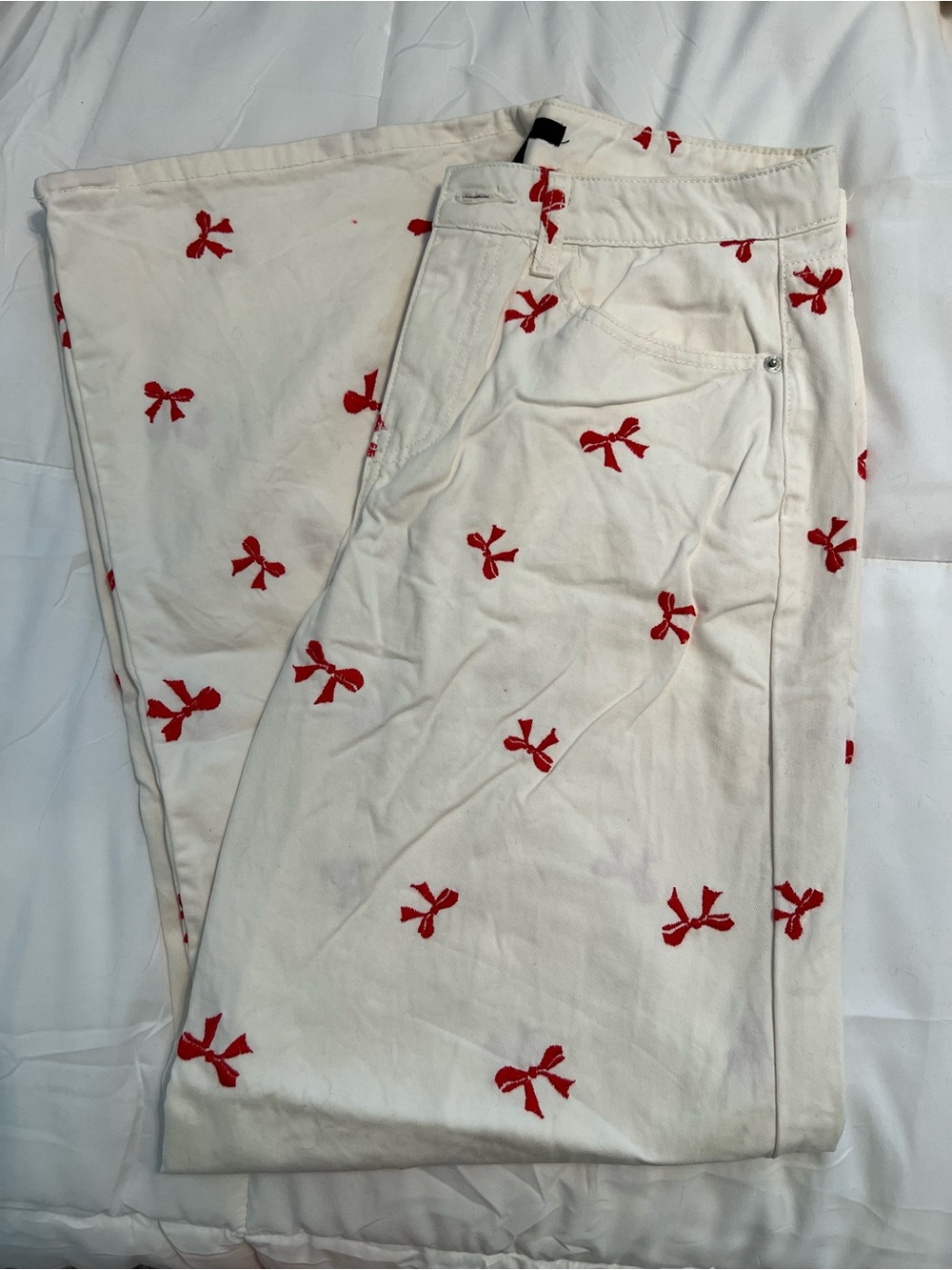 White Jeans with Red Bow Embroidery